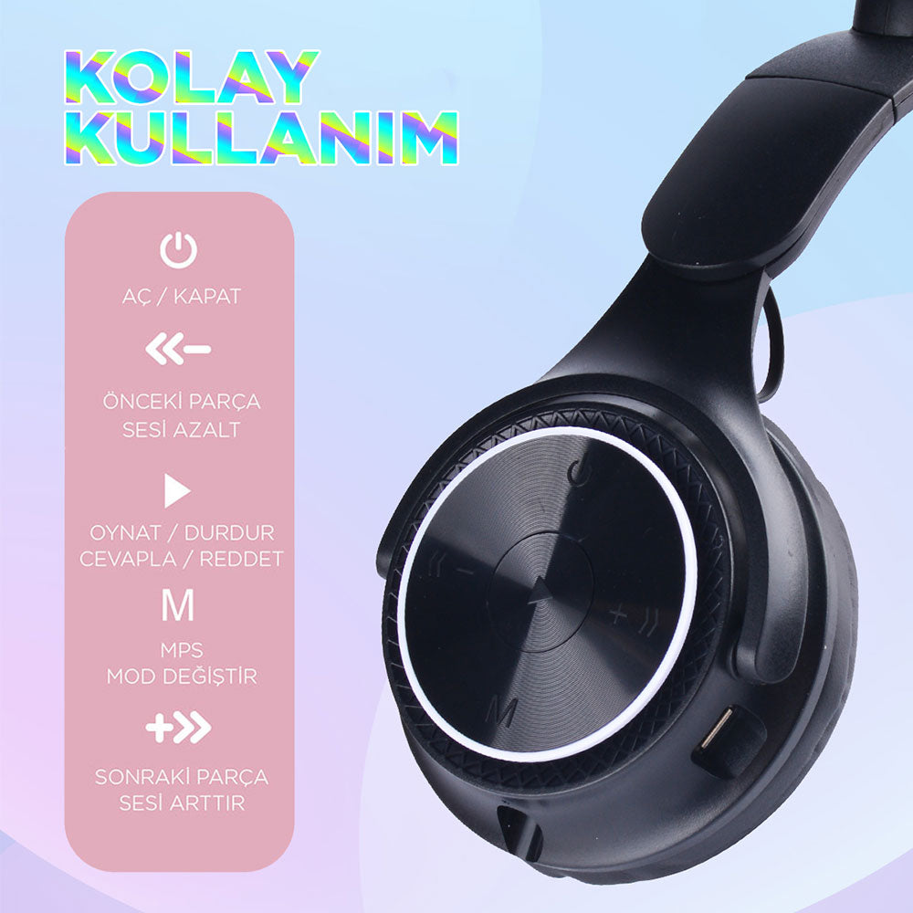 Zore M6 Pro Cat RGB Led Işıklı Kedi Kulağı Band Tasarımlı Ayarlanabilir ve Katlanabilir Kulak Üstü Bluetooth Kulaklık Pembe