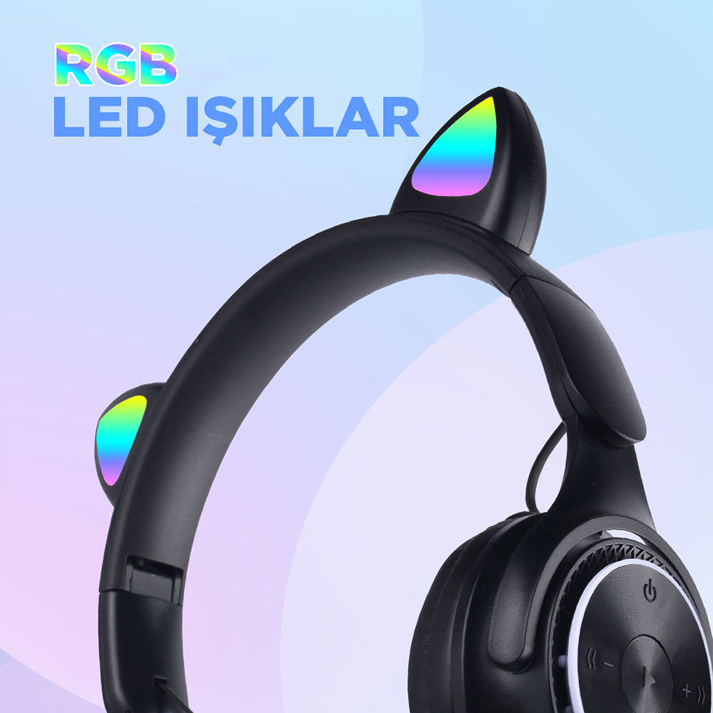 Zore M6 Pro Cat RGB Led Işıklı Kedi Kulağı Band Tasarımlı Ayarlanabilir ve Katlanabilir Kulak Üstü Bluetooth Kulaklık Siyah