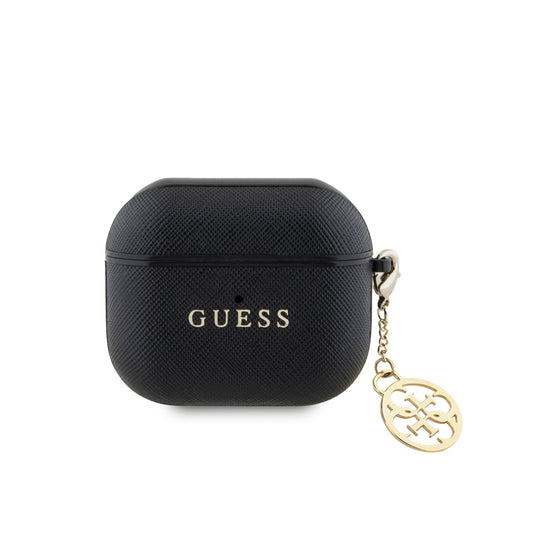 Apple Airpods 3.Nesil Kılıf Guess Orjinal Lisanslı Dokulu 4G Yuvarlak Charm Saffiano Kılıf Pembe