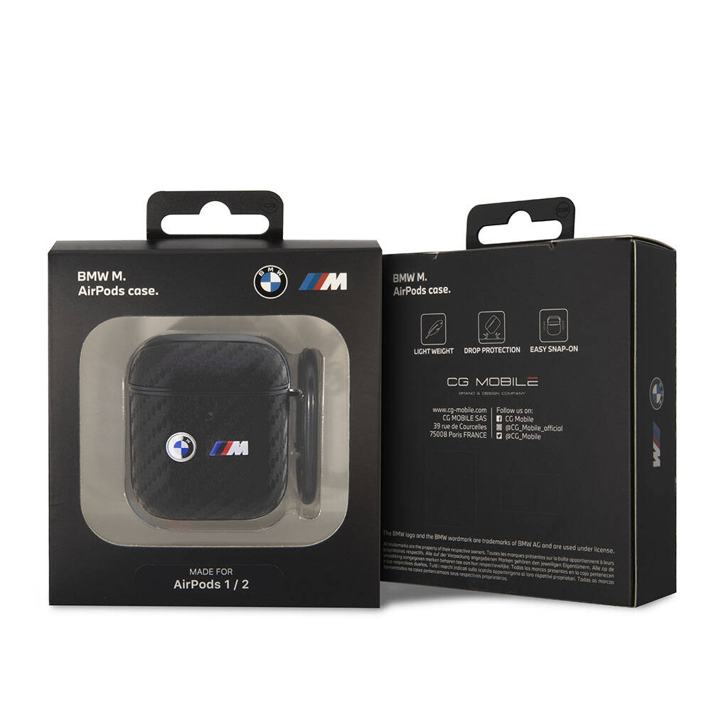 Apple Airpods Kılıf BMW Orjinal Lisanslı PU Karbon Fiber Tasarımlı Çift Metal Logolu Kapak Siyah