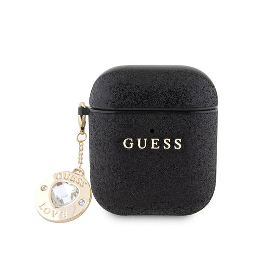 Apple Airpods Kılıf Guess Orjinal Lisanslı Glitter Elmas Kalp Süs Zincirli Kapak Siyah