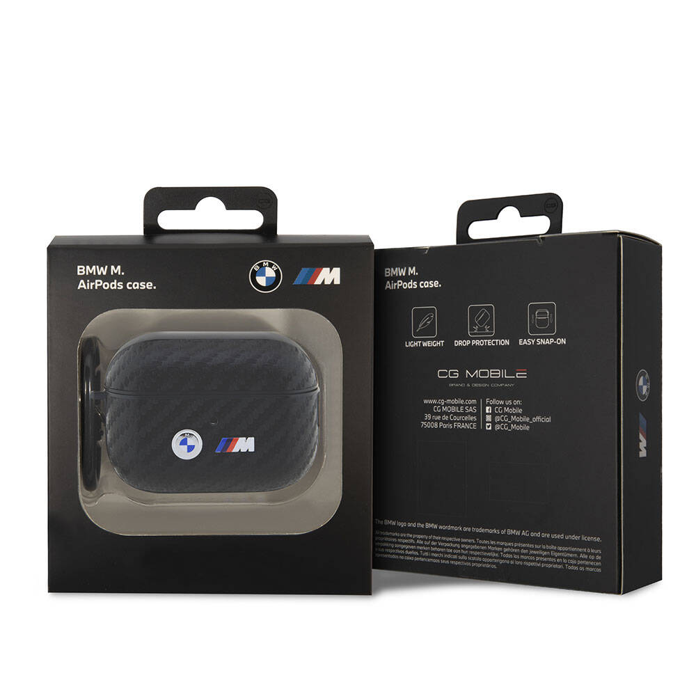 Apple Airpods Pro 2 Kılıf BMW Orjinal Lisanslı PU Karbon Fiber Tasarımlı Çift Metal Logolu Kapak Siyah