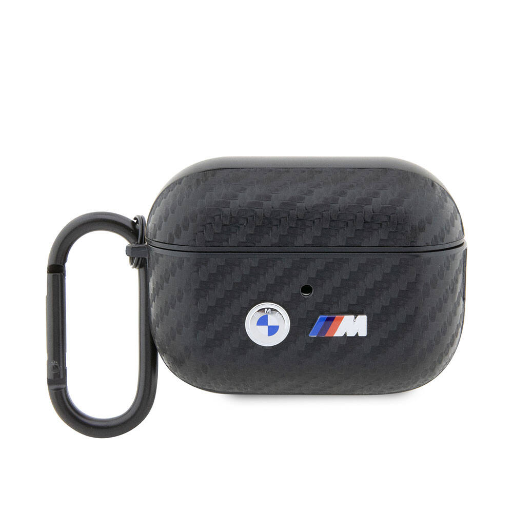 Apple Airpods Pro 2 Kılıf BMW Orjinal Lisanslı PU Karbon Fiber Tasarımlı Çift Metal Logolu Kapak Siyah