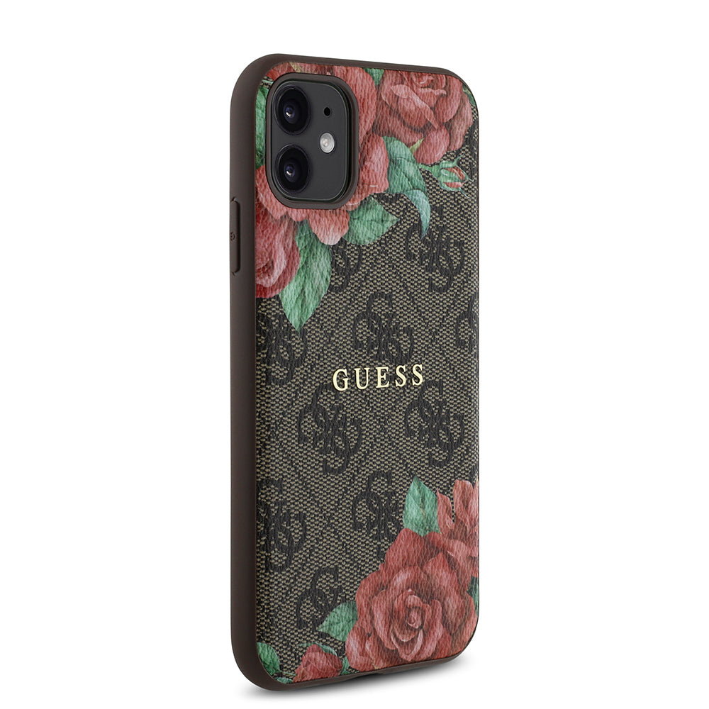 Apple iPhone 11 Kılıf Guess Orjinal Lisanslı M-safe Uyumlu Gül Baskılı 4G Desenli Yazı Logolu Kapak Siyah