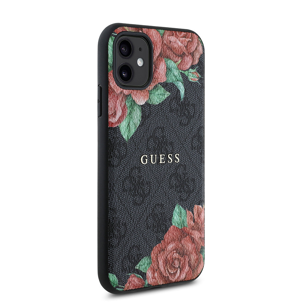 Apple iPhone 11 Kılıf Guess Orjinal Lisanslı M-safe Uyumlu Gül Baskılı 4G Desenli Yazı Logolu Kapak Siyah