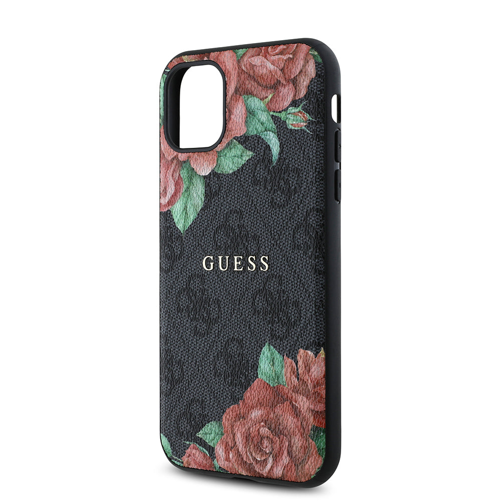 Apple iPhone 11 Kılıf Guess Orjinal Lisanslı M-safe Uyumlu Gül Baskılı 4G Desenli Yazı Logolu Kapak Siyah