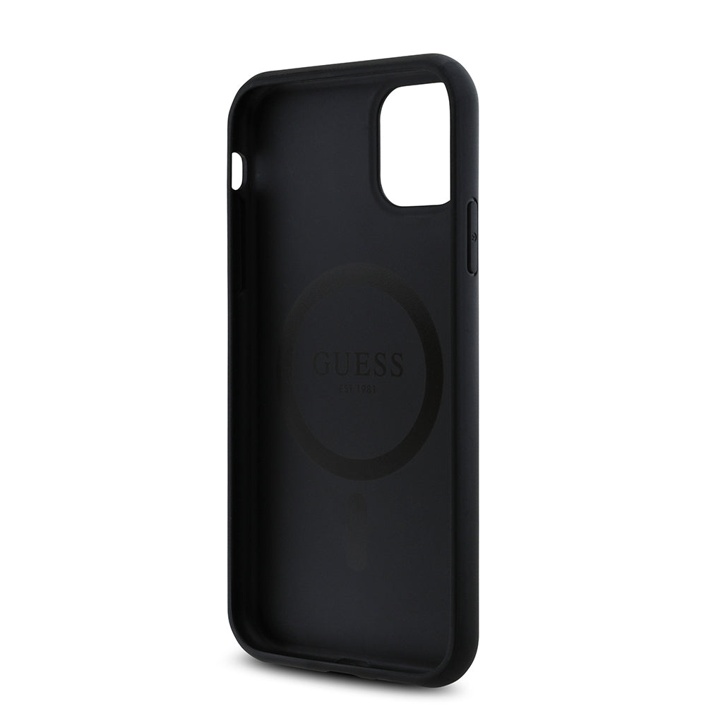 Apple iPhone 11 Kılıf Guess Orjinal Lisanslı M-safe Uyumlu Gül Baskılı 4G Desenli Yazı Logolu Kapak Siyah