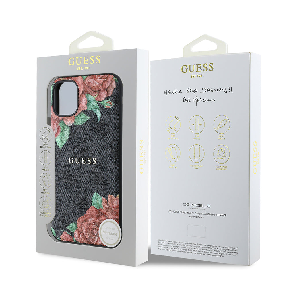 Apple iPhone 11 Kılıf Guess Orjinal Lisanslı M-safe Uyumlu Gül Baskılı 4G Desenli Yazı Logolu Kapak Siyah