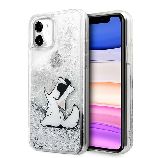 Apple iPhone 11 Kılıf Karl Lagerfeld Sıvılı Simli Choupette Fun Dizayn Kapak Gümüş