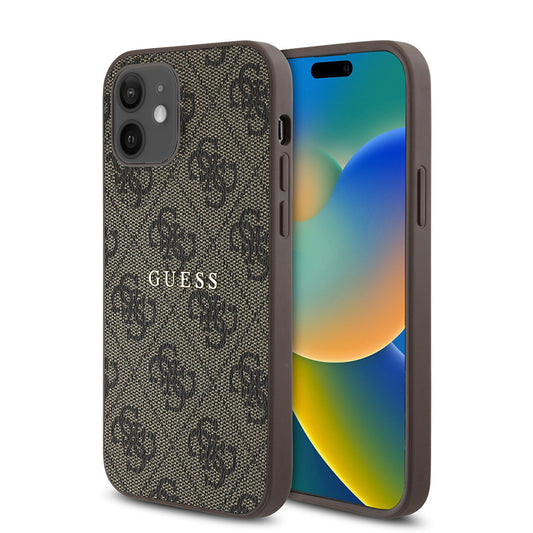 Apple iPhone 12 Kılıf Guess Orjinal Lisanslı M-safe Şarj Özellikli 4G Desen Yazı Logolu Kapak Kahverengi