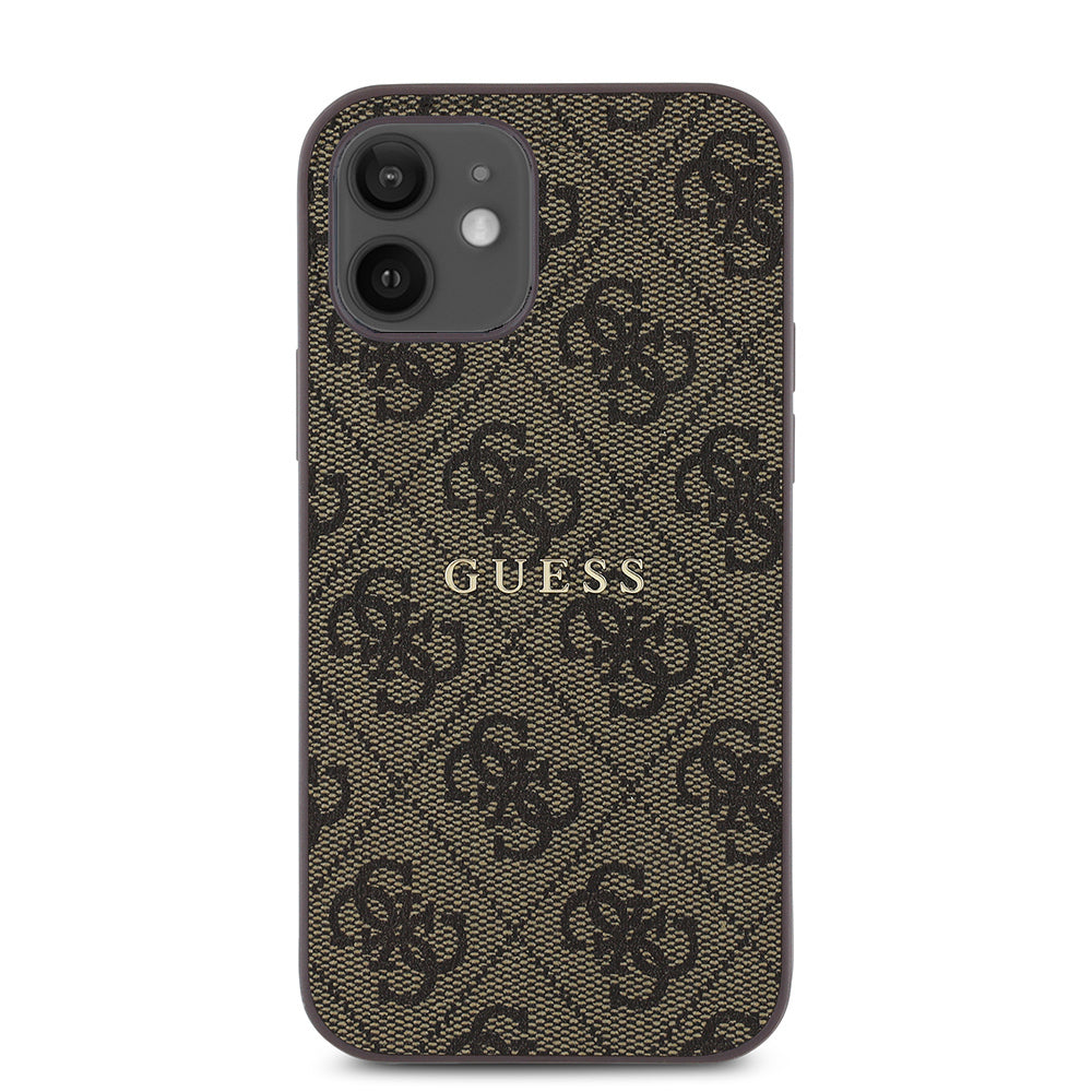 Apple iPhone 12 Kılıf Guess Orjinal Lisanslı M-safe Şarj Özellikli 4G Desen Yazı Logolu Kapak Kahverengi