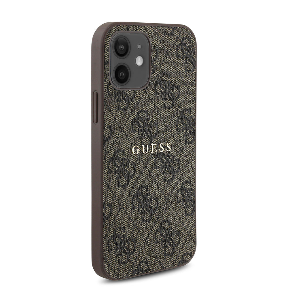 Apple iPhone 12 Kılıf Guess Orjinal Lisanslı M-safe Şarj Özellikli 4G Desen Yazı Logolu Kapak Kahverengi