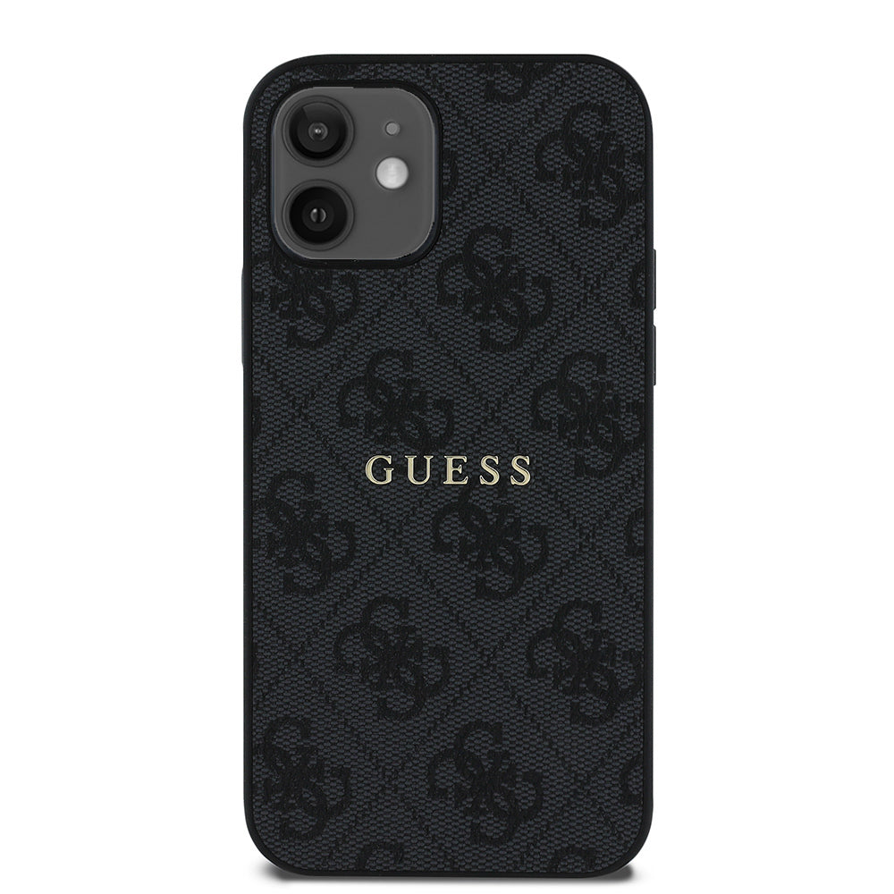 Apple iPhone 12 Kılıf Guess Orjinal Lisanslı M-safe Şarj Özellikli 4G Desen Yazı Logolu Kapak Kahverengi