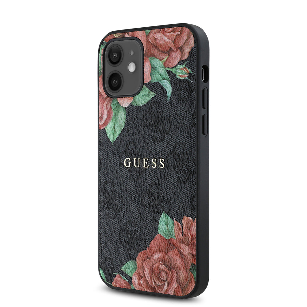 Apple iPhone 12 Kılıf Guess Orjinal Lisanslı M-safe Şarj Özellikli Gül Baskılı 4G Desenli Yazı Logolu Kapak Siyah