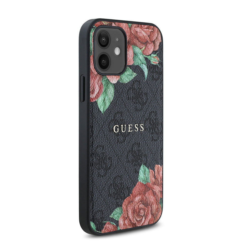 Apple iPhone 12 Kılıf Guess Orjinal Lisanslı M-safe Şarj Özellikli Gül Baskılı 4G Desenli Yazı Logolu Kapak Siyah