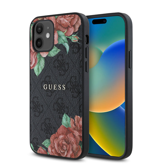 Apple iPhone 12 Kılıf Guess Orjinal Lisanslı M-safe Şarj Özellikli Gül Baskılı 4G Desenli Yazı Logolu Kapak Siyah