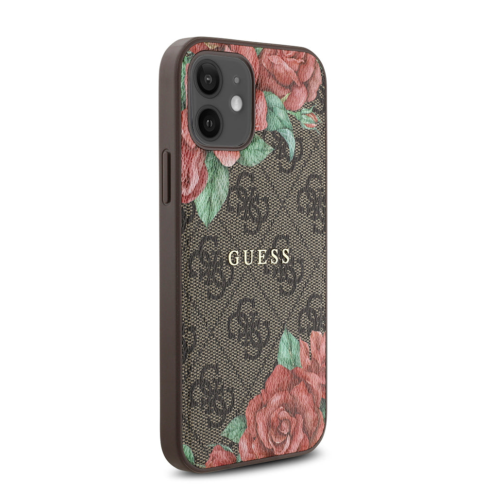 Apple iPhone 12 Kılıf Guess Orjinal Lisanslı M-safe Şarj Özellikli Gül Baskılı 4G Desenli Yazı Logolu Kapak Siyah