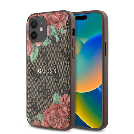 Apple iPhone 12 Kılıf Guess Orjinal Lisanslı M-safe Şarj Özellikli Gül Baskılı 4G Desenli Yazı Logolu Kapak Kahverengi