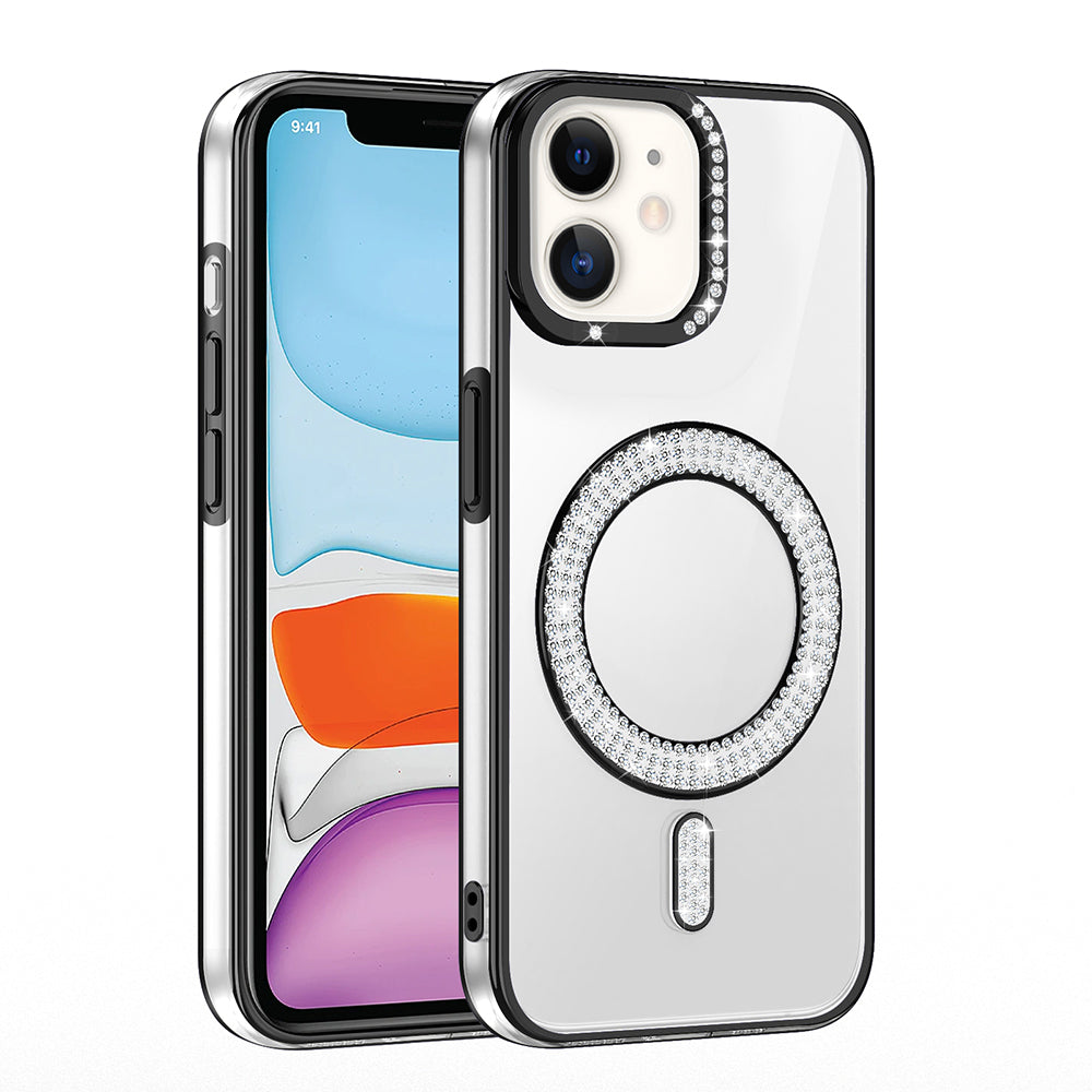 Apple iPhone 12 Kılıf Pırlanta Taş Tasarımlı M-safe Şarj Özellikli Zore Karetta Silikon Kapak
