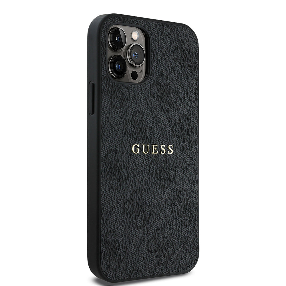 Apple iPhone 12 Pro Kılıf Guess Orjinal Lisanslı M-safe Şarj Özellikli 4G Desen Yazı Logolu Kapak Siyah