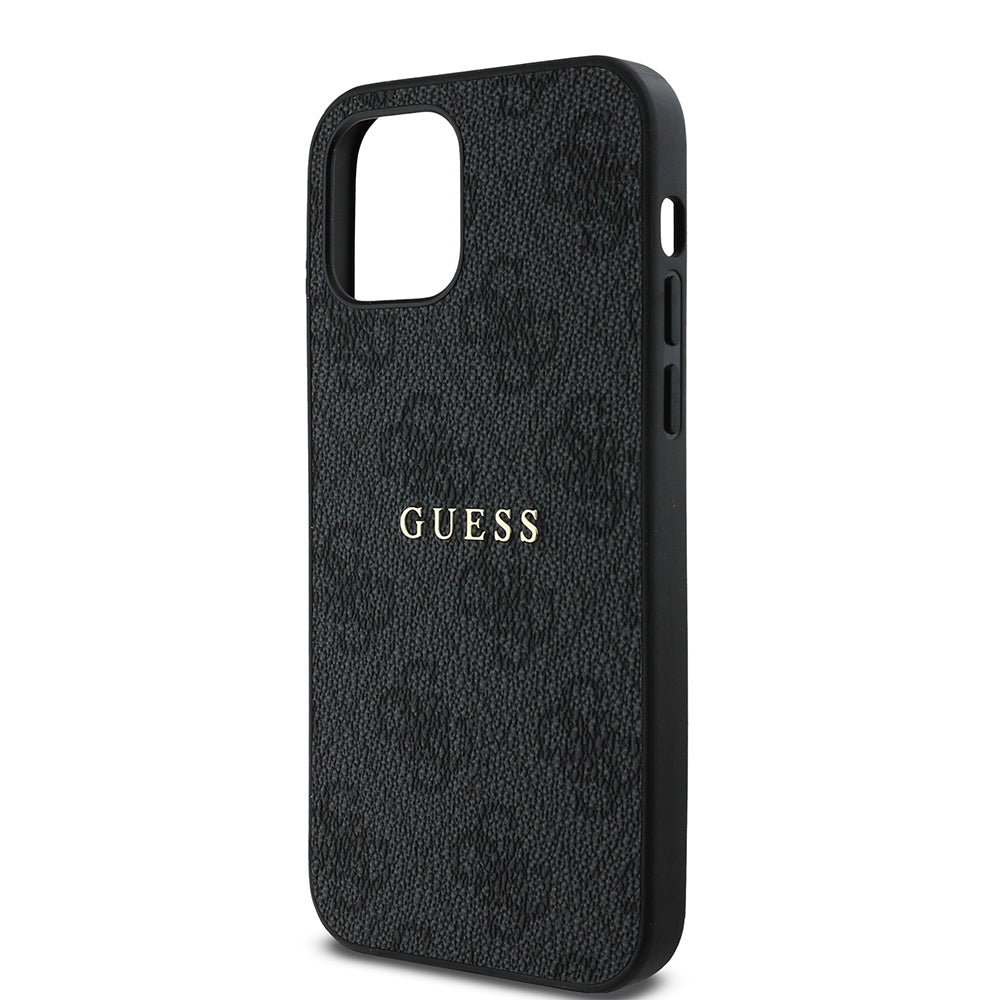 Apple iPhone 12 Pro Kılıf Guess Orjinal Lisanslı M-safe Şarj Özellikli 4G Desen Yazı Logolu Kapak Siyah
