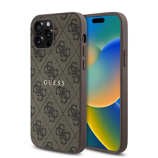 Apple iPhone 12 Pro Kılıf Guess Orjinal Lisanslı M-safe Şarj Özellikli 4G Desen Yazı Logolu Kapak Kahverengi