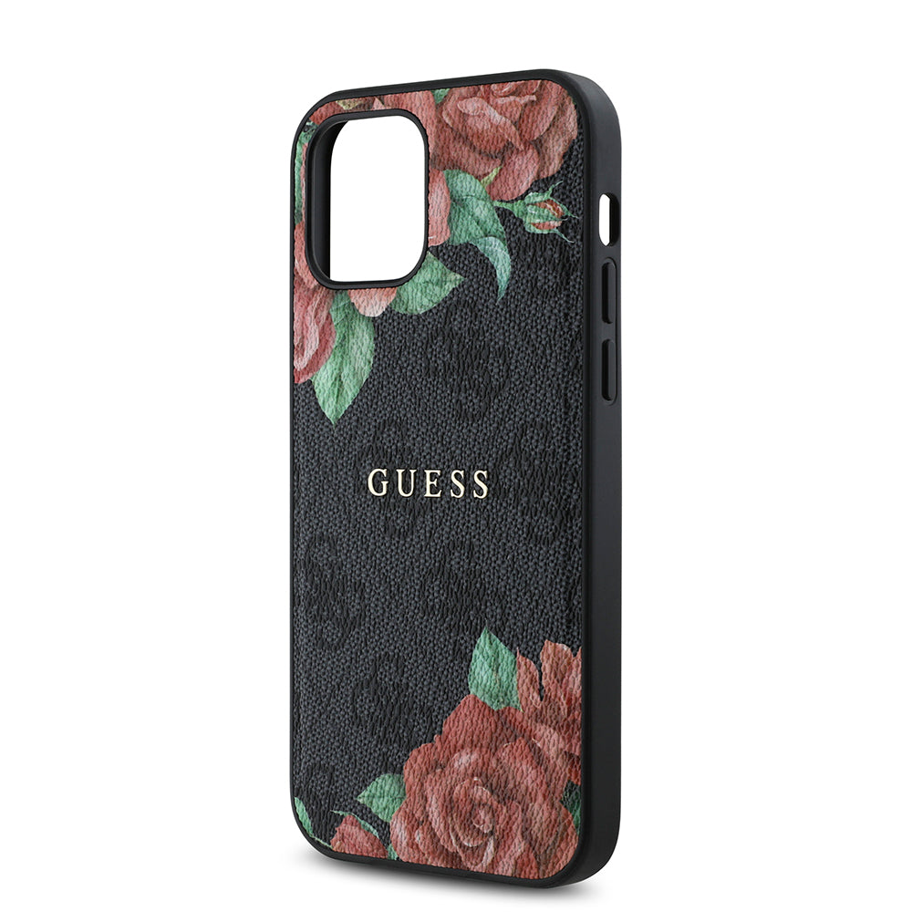 Apple iPhone 12 Pro Kılıf Guess Orjinal Lisanslı M-safe Şarj Özellikli Gül Baskılı 4G Desenli Yazı Logolu Kapak Siyah