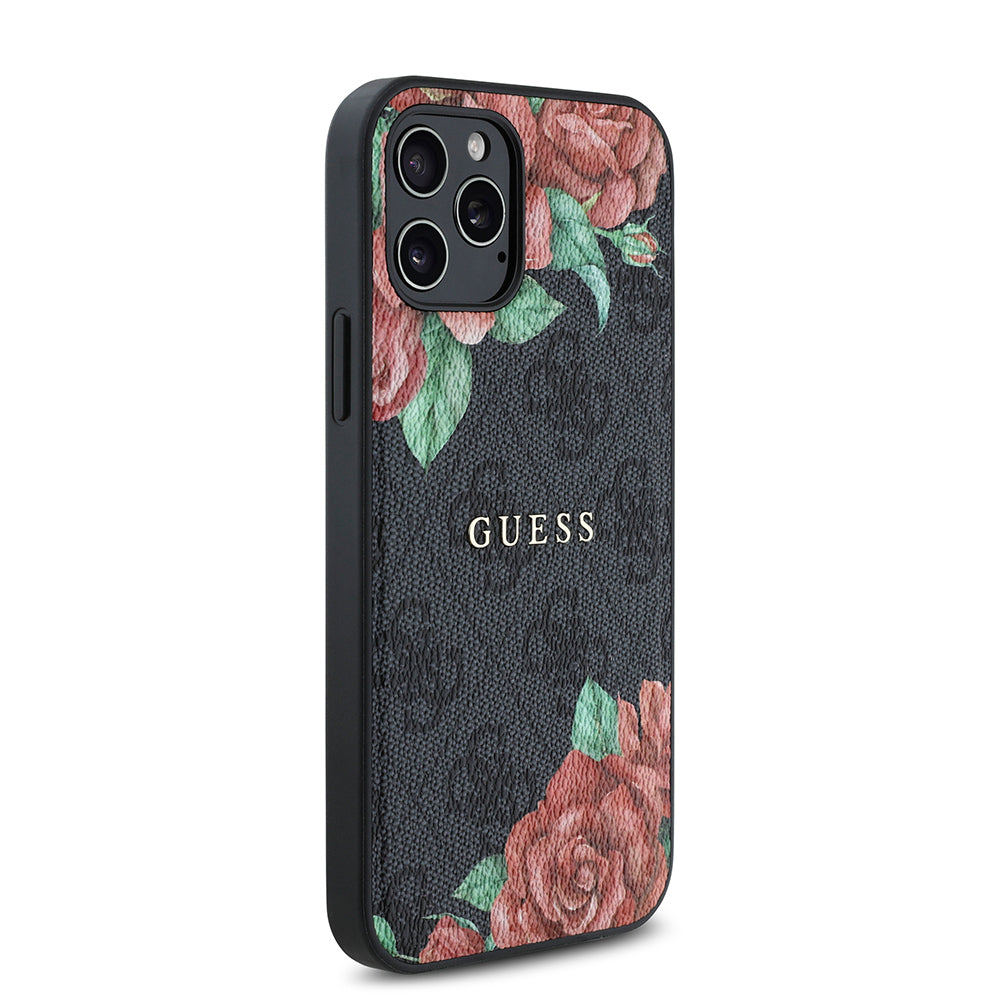 Apple iPhone 12 Pro Kılıf Guess Orjinal Lisanslı M-safe Şarj Özellikli Gül Baskılı 4G Desenli Yazı Logolu Kapak Siyah
