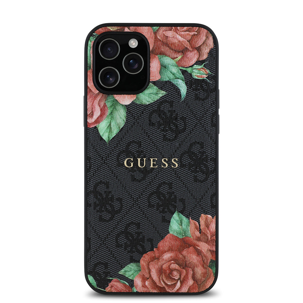 Apple iPhone 12 Pro Kılıf Guess Orjinal Lisanslı M-safe Şarj Özellikli Gül Baskılı 4G Desenli Yazı Logolu Kapak Siyah