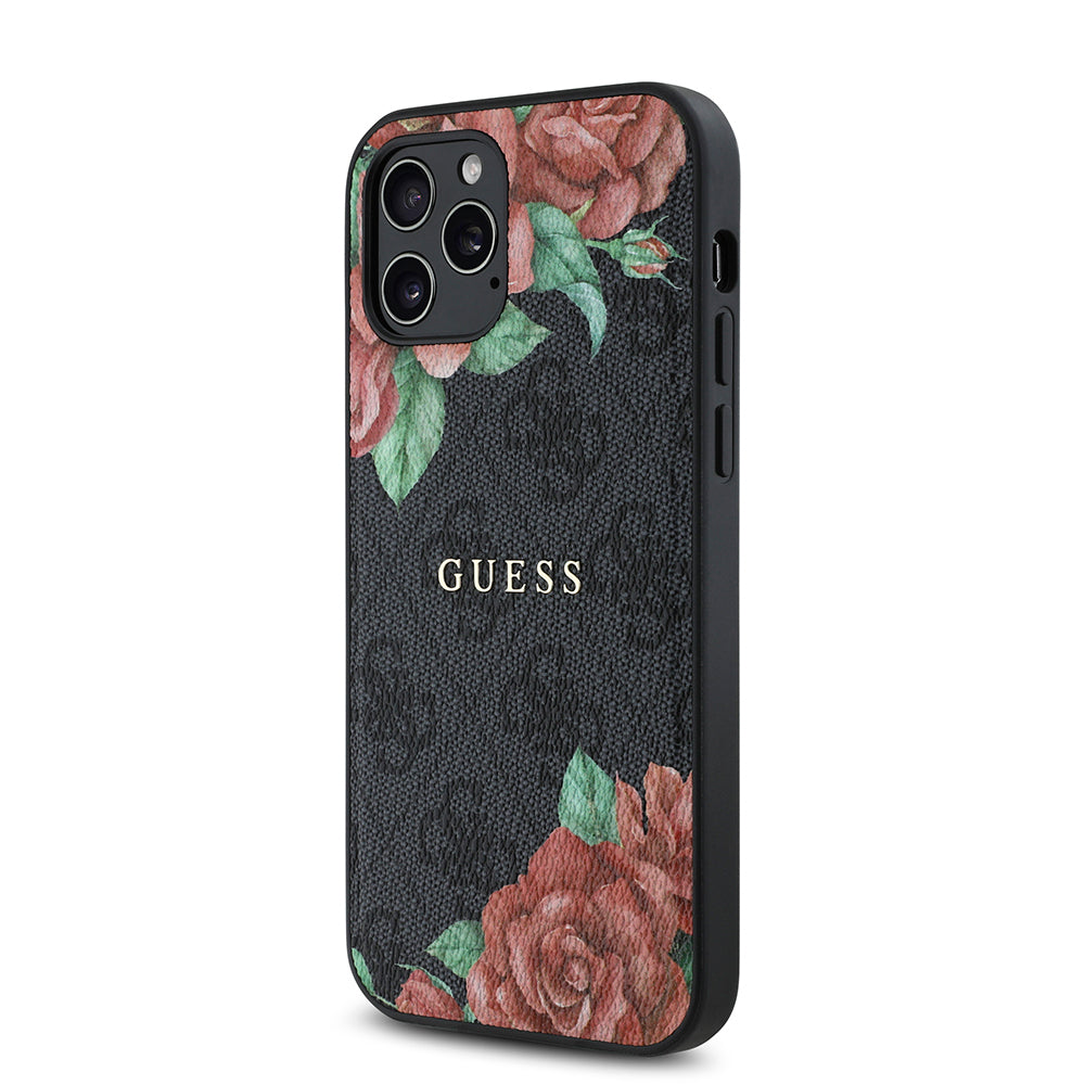 Apple iPhone 12 Pro Kılıf Guess Orjinal Lisanslı M-safe Şarj Özellikli Gül Baskılı 4G Desenli Yazı Logolu Kapak Siyah
