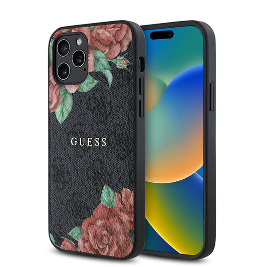 Apple iPhone 12 Pro Kılıf Guess Orjinal Lisanslı M-safe Şarj Özellikli Gül Baskılı 4G Desenli Yazı Logolu Kapak Siyah