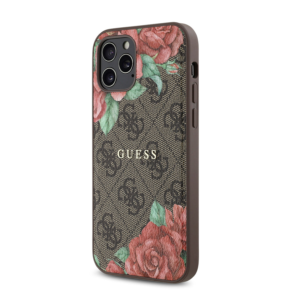 Apple iPhone 12 Pro Kılıf Guess Orjinal Lisanslı M-safe Şarj Özellikli Gül Baskılı 4G Desenli Yazı Logolu Kapak Siyah