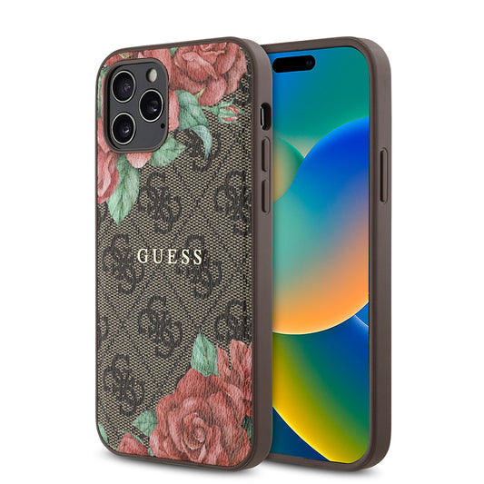 Apple iPhone 12 Pro Kılıf Guess Orjinal Lisanslı M-safe Şarj Özellikli Gül Baskılı 4G Desenli Yazı Logolu Kapak Kahverengi