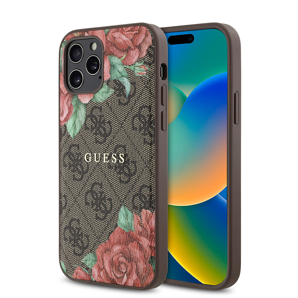 Apple iPhone 12 Pro Kılıf Guess Orjinal Lisanslı M-safe Şarj Özellikli Gül Baskılı 4G Desenli Yazı Logolu Kapak Siyah