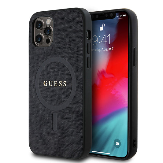 Apple iPhone 12 Pro Kılıf Guess Orjinal Lisanslı M-safe Şarj Özellikli Yazı Logolu Saffiano Classic Kapak Siyah
