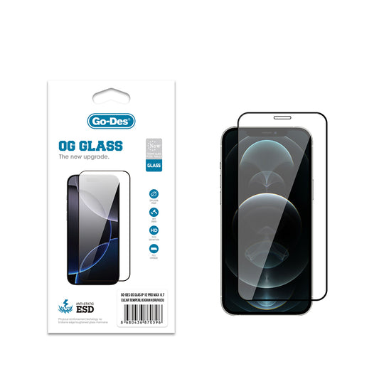 Apple iPhone 12 Pro Max Go Des OG Glass Antistatik Temperli Cam Ekran Koruyucu Şeffaf