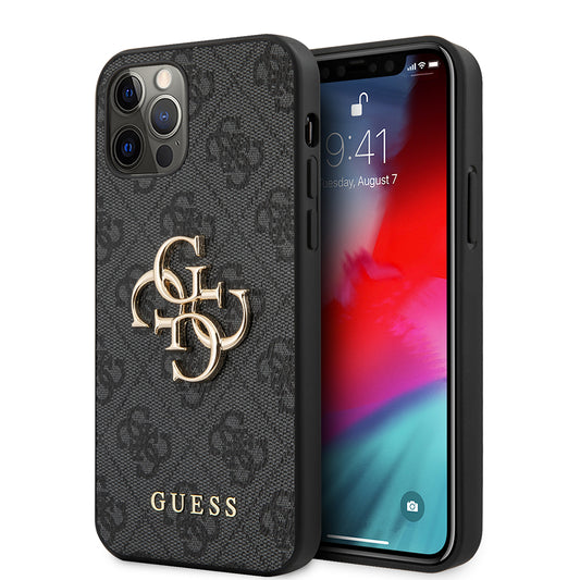 Apple iPhone 12 Pro Max Kılıf Guess Orjinal Lisanslı PU Deri Büyük Metal Logo Dizaynlı Kapak Pembe