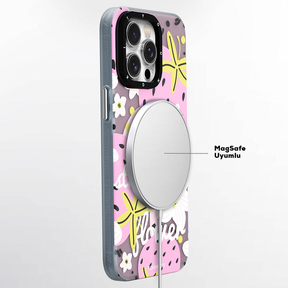 Apple iPhone 13 Kılıf M-safe Şarj Özellikli Yaz Meyvesi Desenli Youngkit Fruity Flavour Serisi Kapak Pembe