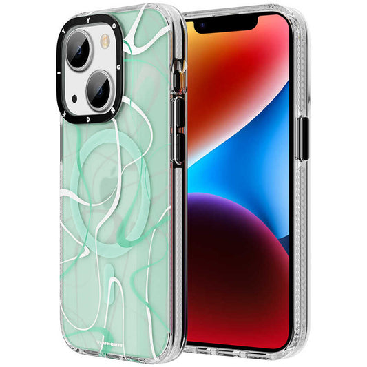 Apple iPhone 13 Kılıf M-safe Şarj Özellikli Youngkit Water-Ink Serisi Kapak Yeşil