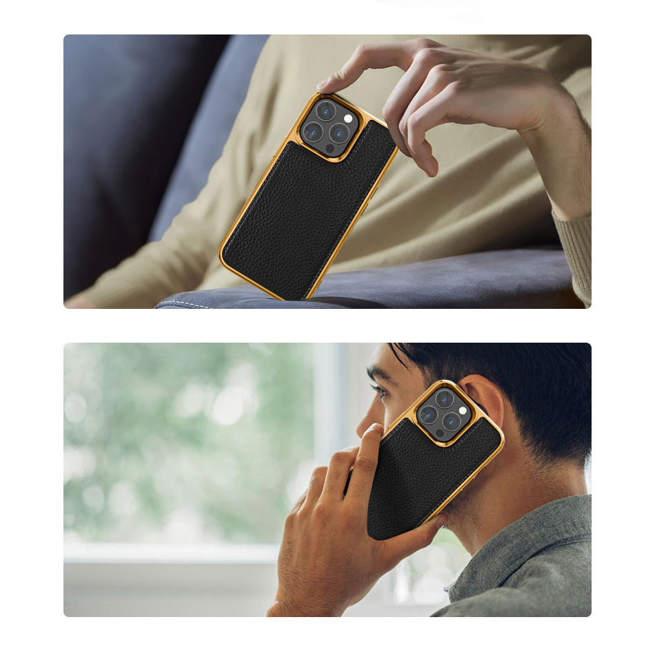 Apple iPhone 13 Kılıf Wiwu Genuine Leather Gold Calfskin Orjinal Deri Kapak Siyah