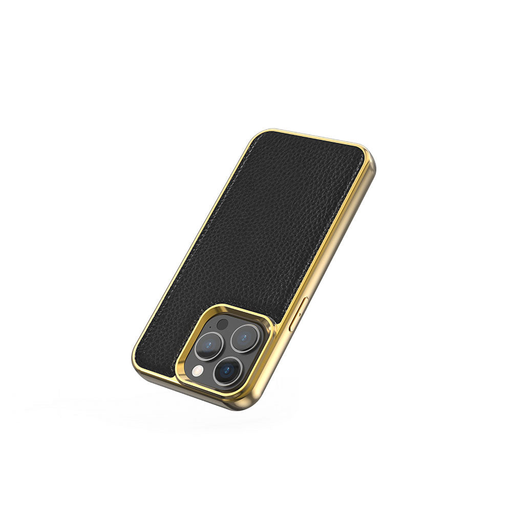 Apple iPhone 13 Kılıf Wiwu Genuine Leather Gold Calfskin Orjinal Deri Kapak Siyah