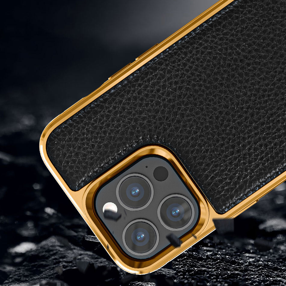 Apple iPhone 13 Kılıf Wiwu Genuine Leather Gold Calfskin Orjinal Deri Kapak Siyah