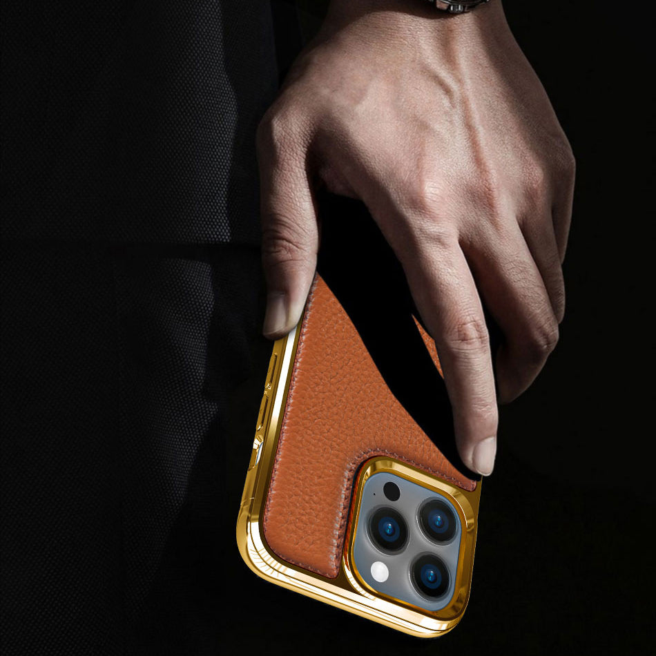 Apple iPhone 13 Kılıf Wiwu Genuine Leather Gold Calfskin Orjinal Deri Kapak Siyah