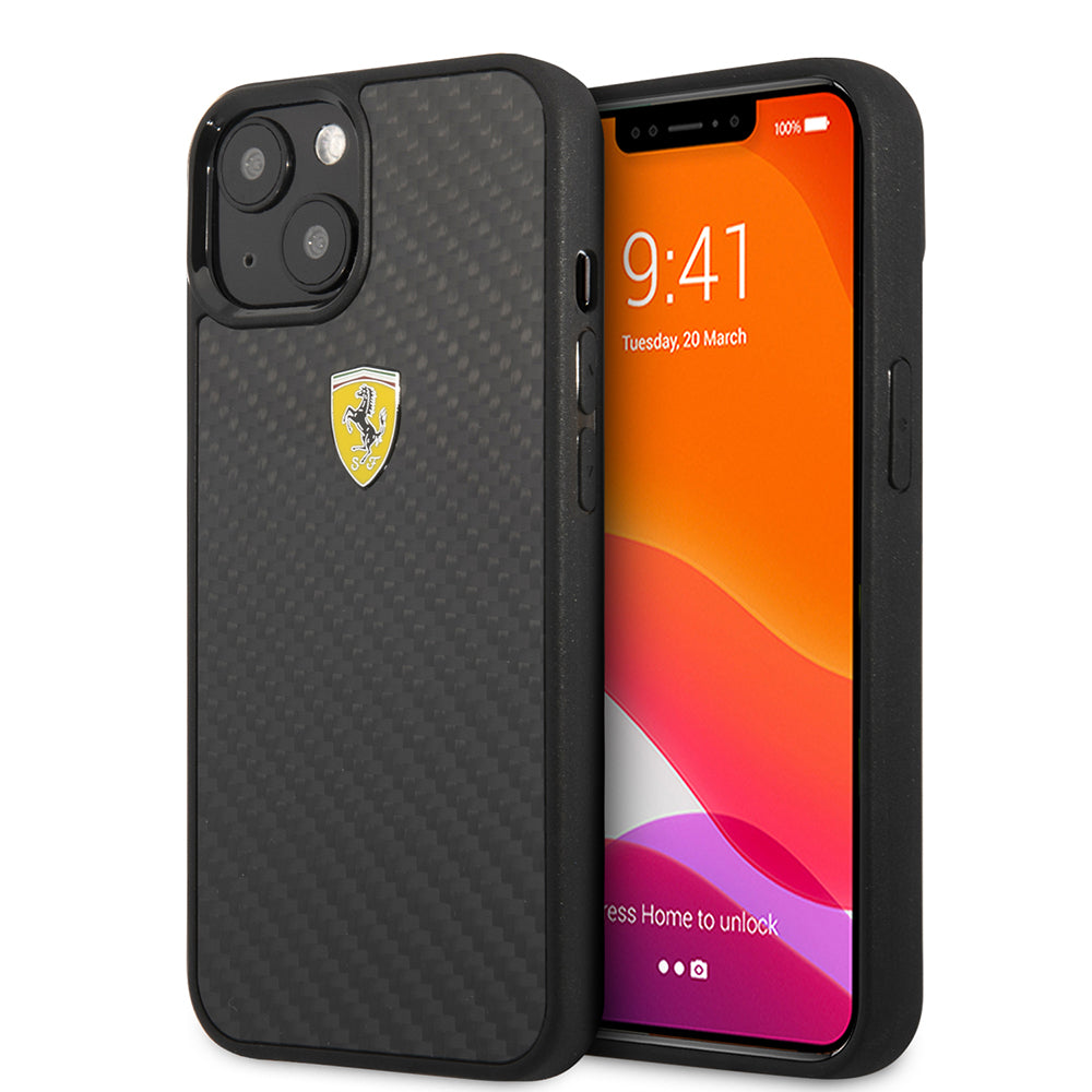 Apple iPhone 13 Mini Kılıf Ferrari Orjinal Lisanlı Klasik Metal Logolu Karbon Dizayn Kapak