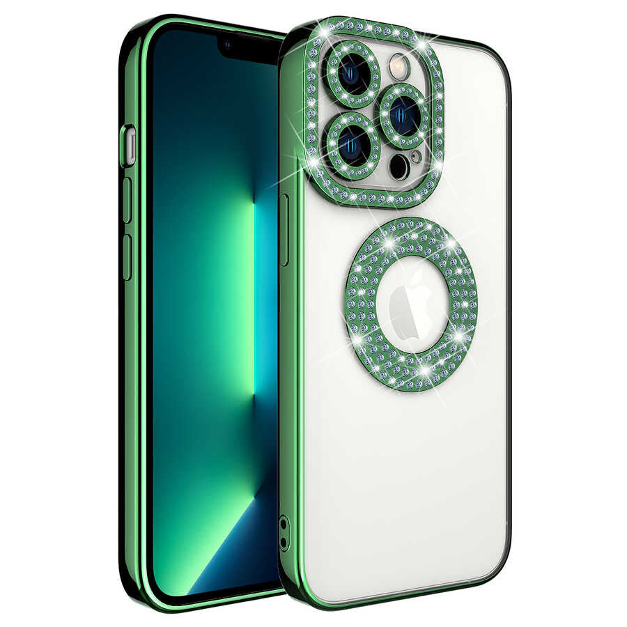 Apple iPhone 13 Pro Kılıf Kamera Korumalı Taş Süslemeli Arkası Şeffaf Zore Asya Kapak