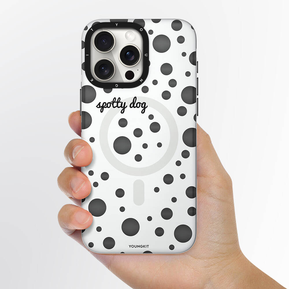 Apple iPhone 13 Pro Kılıf M-safe Şarj Özellikli Polka Dot Desenli Youngkit Spots Serisi Kapak Beyaz