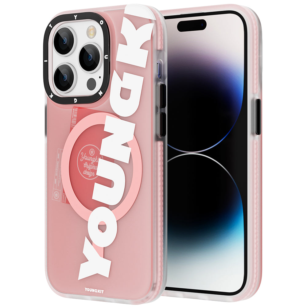 Apple iPhone 13 Pro Kılıf M-safe Şarj Özellikli Youngkit Binfen Serisi Yazı Temalı Kapak Pembe