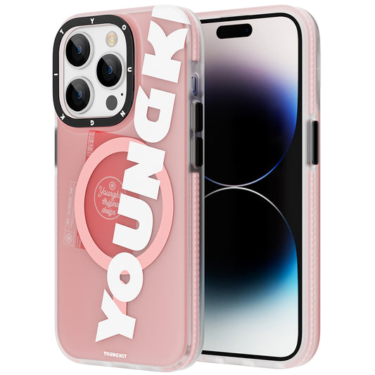 Apple iPhone 13 Pro Kılıf M-safe Şarj Özellikli Youngkit Binfen Serisi Yazı Temalı Kapak Pembe