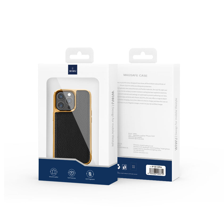 Apple iPhone 13 Pro Kılıf Wiwu Genuine Leather Gold Calfskin Orjinal Deri Kapak Mavi