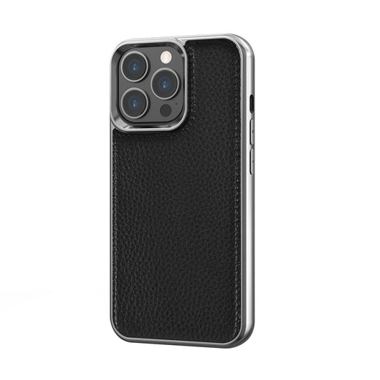 Apple iPhone 13 Pro Kılıf Wiwu Genuine Leather Silver Calfskin Orjinal Deri Kapak Siyah